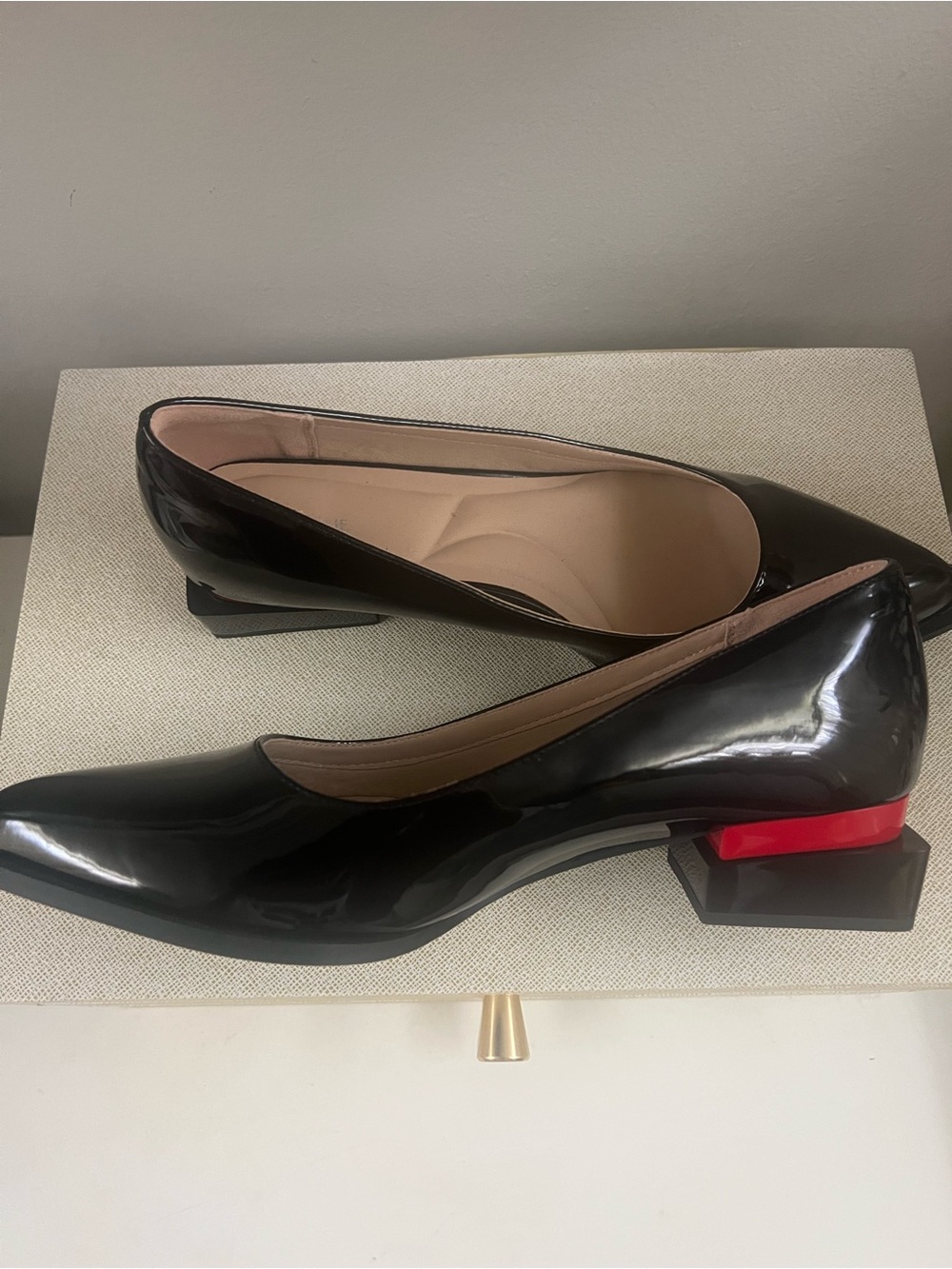Black Patent Pointed Toe Women's Pumps with Red Accent Heel